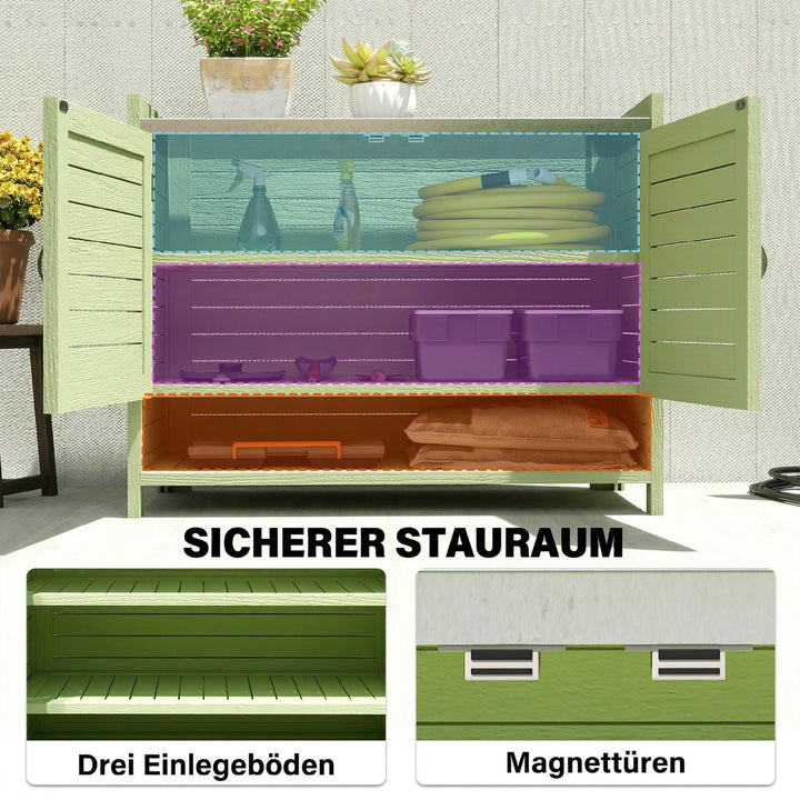 Plantebord med træunderskab, udendørs haveskab med galvaniseret bordplade, 3 hylder, 88x40x70,5 cm, grøn