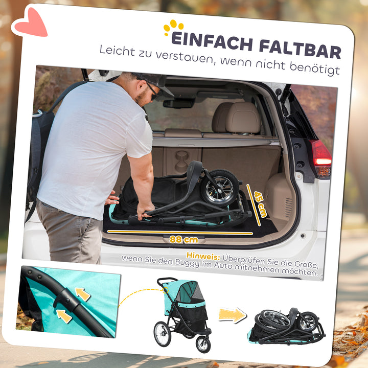 Hundevogn, kæledyrsvogn til små hunde og katte, med opbevaringskurv, sammenklappeligt design med et klik, turkis