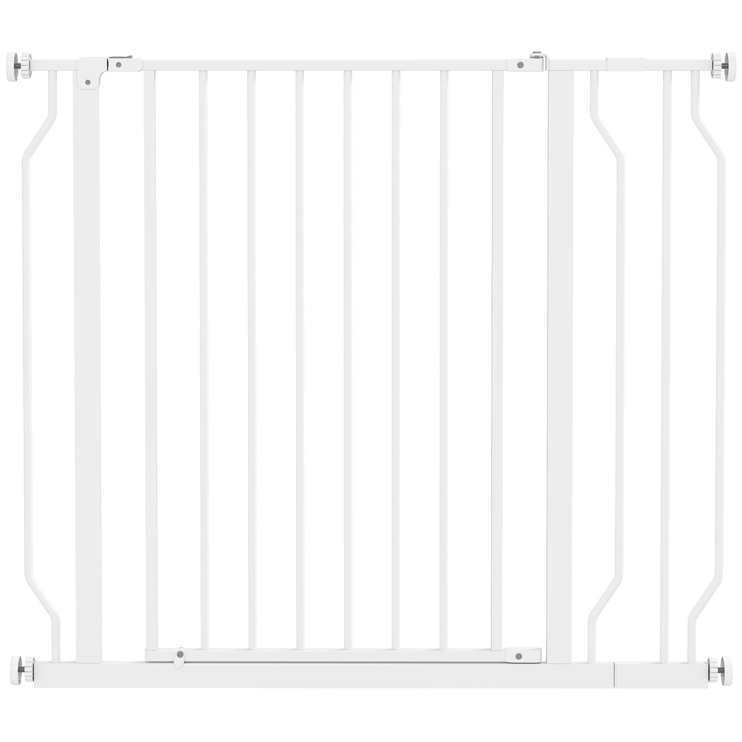 Hundesikkerhedsgitter, barrieregitter, tovejsåbning, vægbeslag med trykknapper, justerbar fra 75 cm til 95 cm, hvid