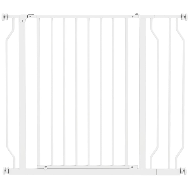 Hundesikkerhedsgitter, barrieregitter, tovejsåbning, vægbeslag med trykknapper, justerbar fra 75 cm til 95 cm, hvid