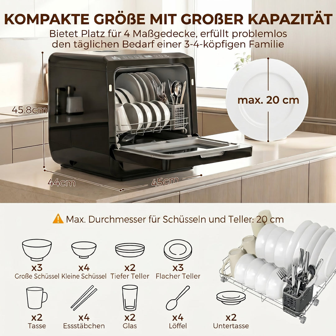 Bordopvaskemaskine, miniopvaskemaskine med 6-liters tank, 5 programmer, LED-display, tørrefunktion, sort