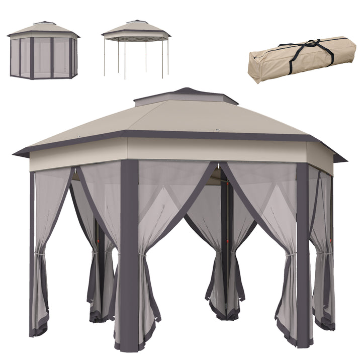 Havepavillon, foldbar pavillon, 4 x 4 m pop-up telt, partytelt inklusive bæretaske, 6 sidepaneler, dobbelt tag, sekskantet, beige