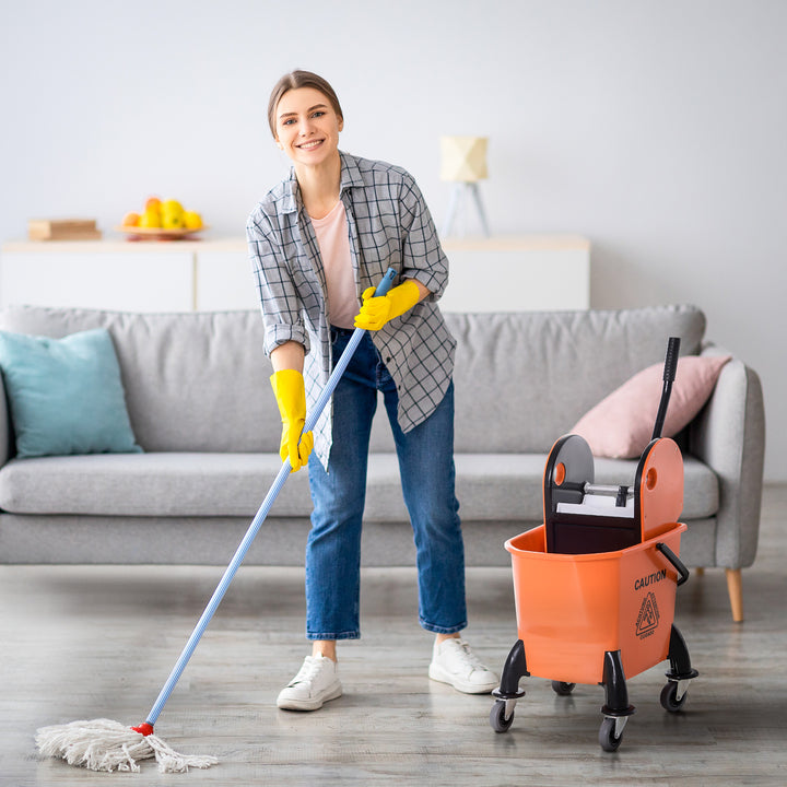 Rullespand til rengøring, moppespand, moppepresse, 26 l, plastik, orange