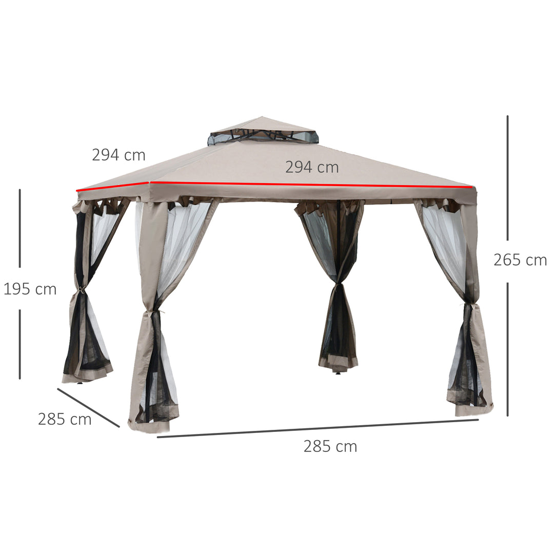 Havepavillon, havelyst, havetelt, partytelt med 4 sidepaneler, vejrbestandig, metal + polyester, grå, 2,94 x 2,94 x 2,65 m