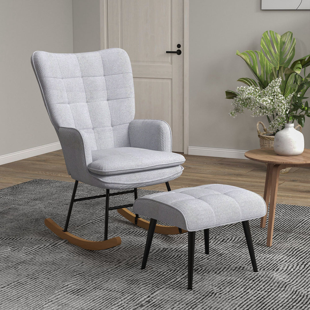Gyngestol med fodskammel skandinavisk design gyngestol med fodskammel, bøgetræ, quiltet, 64 cm x 89 cm x 90 cm grå