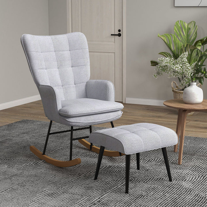 Gyngestol med fodskammel skandinavisk design gyngestol med fodskammel, bøgetræ, quiltet, 64 cm x 89 cm x 90 cm grå