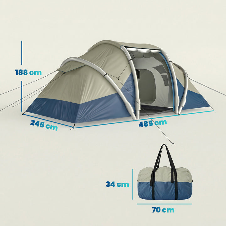 Oppusteligt 4-personers telt, hurtig opsætning, udendørs campingtelt med 2 soveværelser, netvinduer og markise