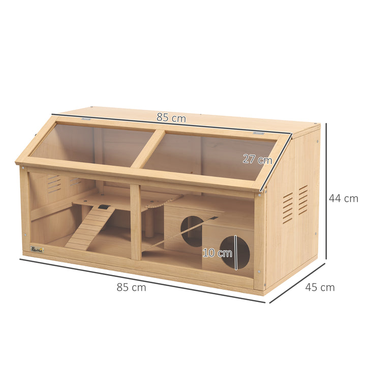 Hamsterbur til syriske hamstere og dværghamstere, med platform, hængebro og bur, 85x45x44 cm