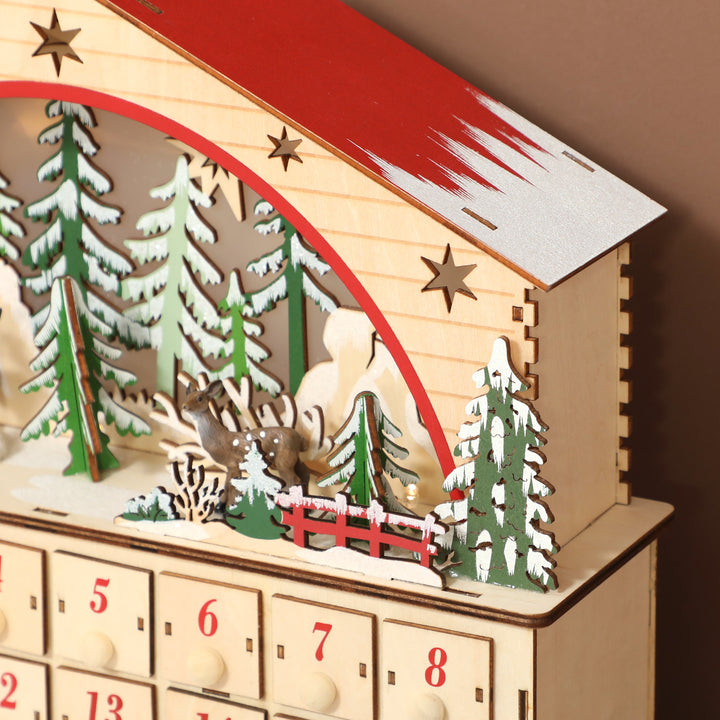 Adventskalender til udfyldning, 24 skuffer og rum, julekalender med LED-lys, naturtræ, 36 x 10 x 34 cm