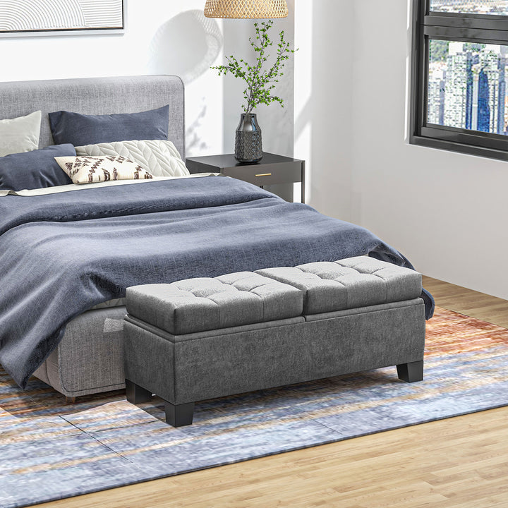 Opbevaringsbænk, polstret bænk med linnedlook, polstret opbevaringsboks, lasteevne op til 180 kg, til entré, soveværelse, stue, 116x41x47 cm, grå