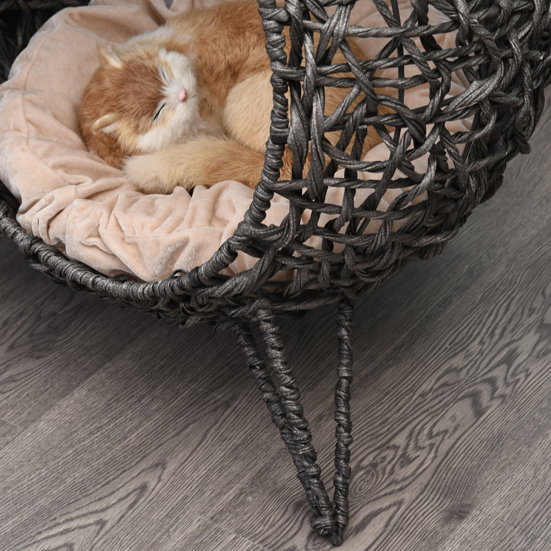 Rattan kattehus med hynde, katteseng, kattehule med hævede fødder, sølvgrå, Ø52 x 58 cm