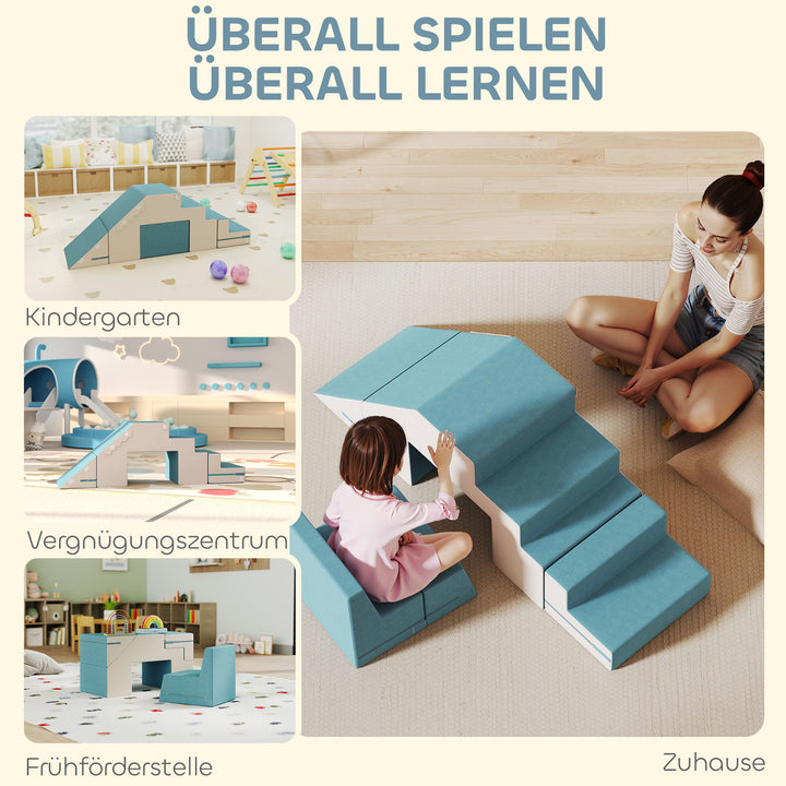 2-delt blødt legesæt til småbørn, kunstlæder, skum, til klatring, bygning, leg, beige+blå