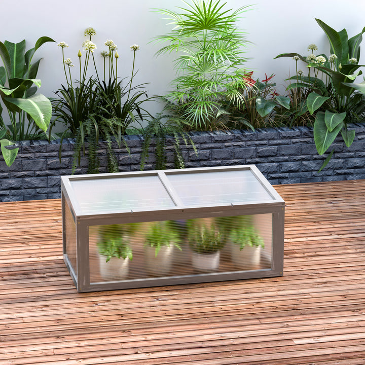 Koldramme-træ- og polycarbonatdrivhus 90 x 46 x 40 cm drivhus med overdækning vejrbestandig koldrammekasse til haveplantebed grå