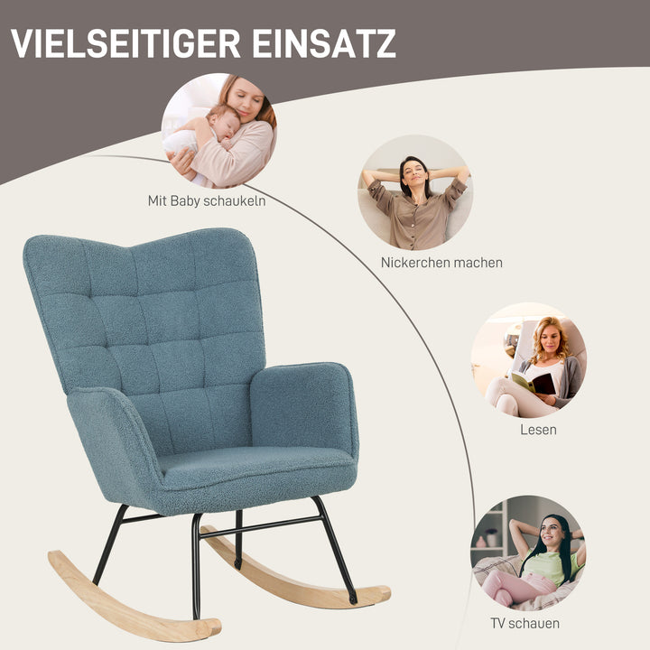 Gyngestol, ergonomisk form, base af ægte træ, op til 120 kg, lyseblå
