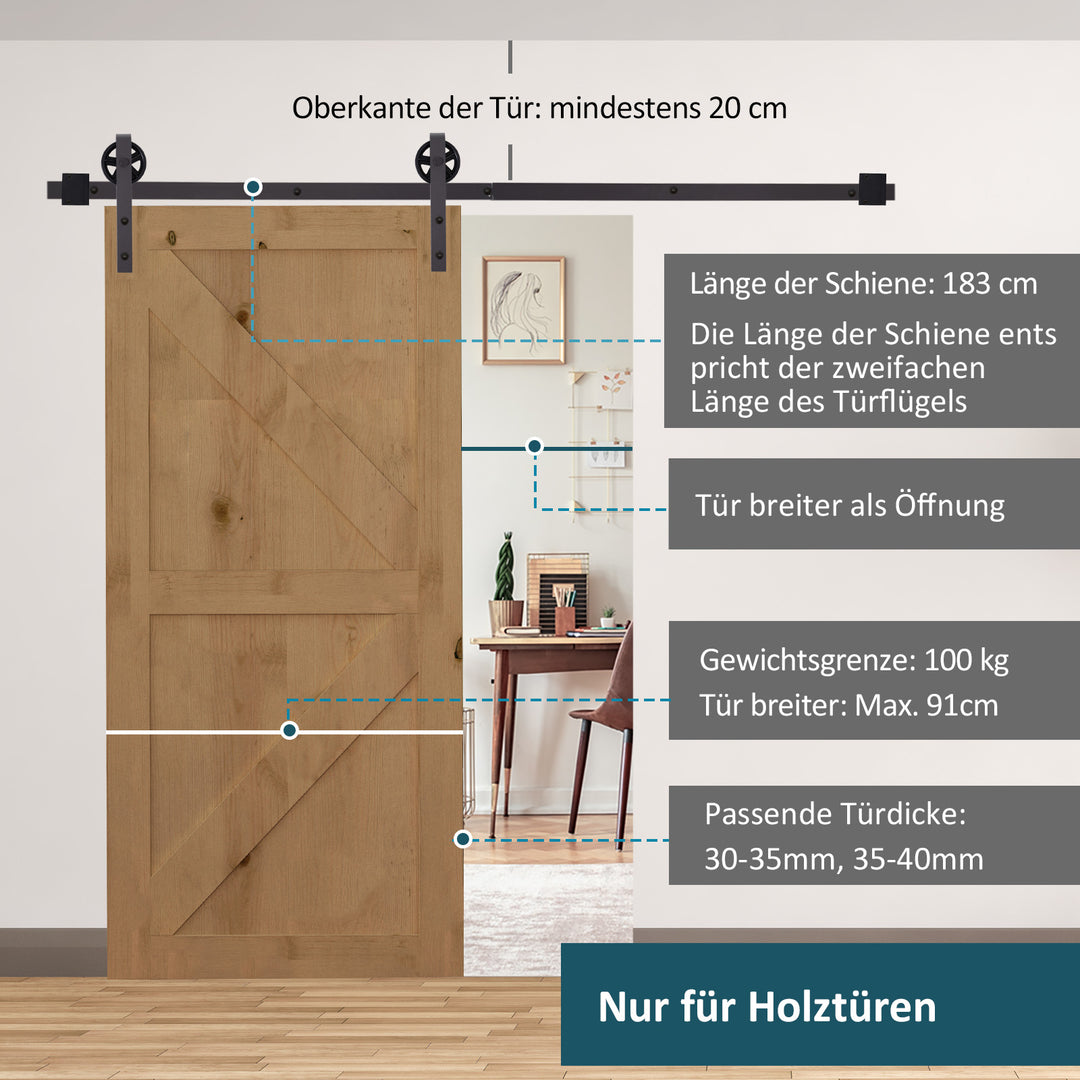 Skydedørsskinnesæt, inklusive skinner, ruller, gulvstoppere, 183 cm, lasteevne op til 100 kg, mørkebrun
