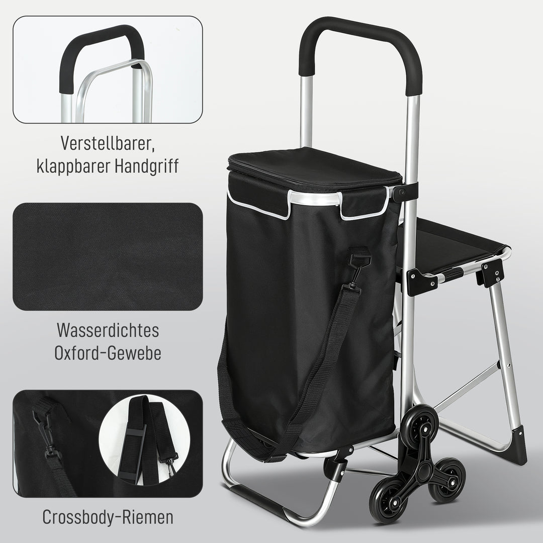 Indkøbsvogn, 40L Oxford-taske, 3-hjuls design, aluminiumsstel, sæde, grå