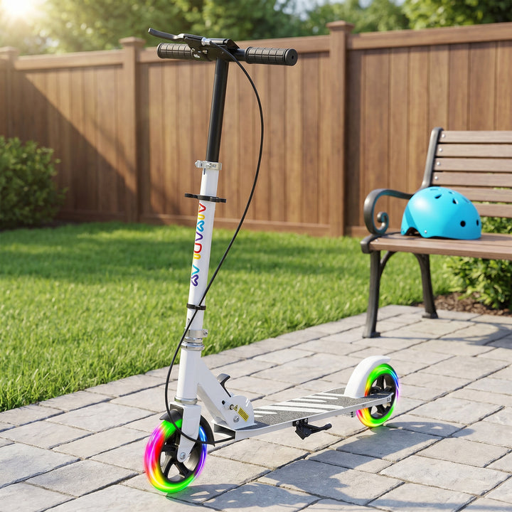 Børnescooter, dobbeltbremser, metalstel, fodstøtte, foldbar, 3-8 år, hvid
