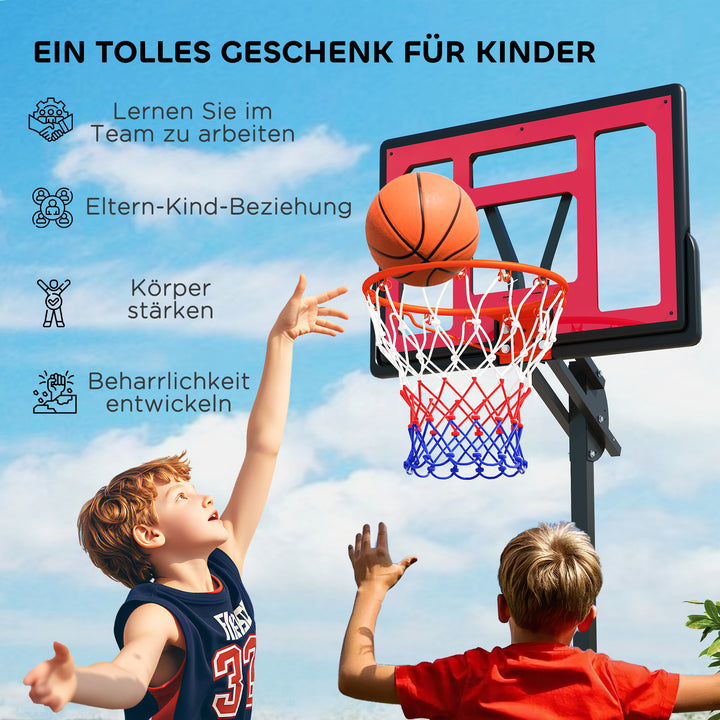 Børne basketballkurv, udendørs basketballkurv til børn, 200-260 cm højdejusterbar, med hjul, alder 6+, rød