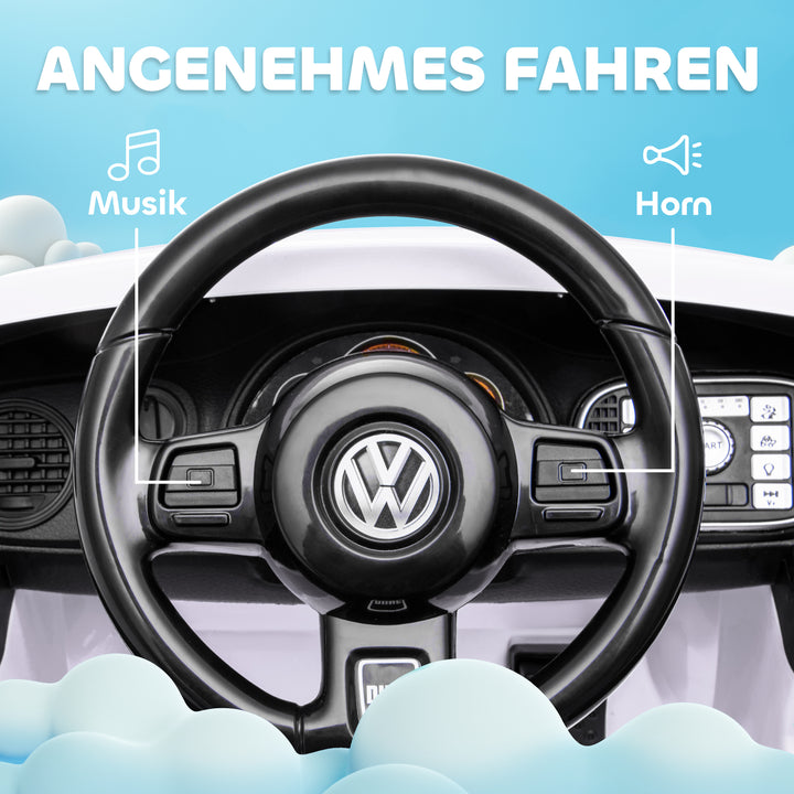 Elektrisk børnebil, vw beetle, 3-5 km/t, med fjernbetjening og musik, hvid