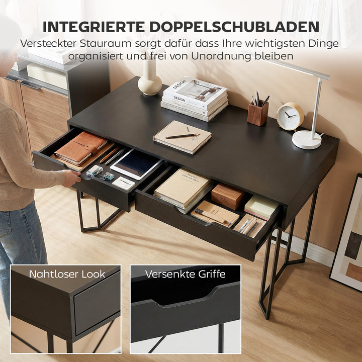 Lille computerbord med 2 skuffer, skrivebord med stor arbejdsflade 120 x 60 x 77 cm Sort