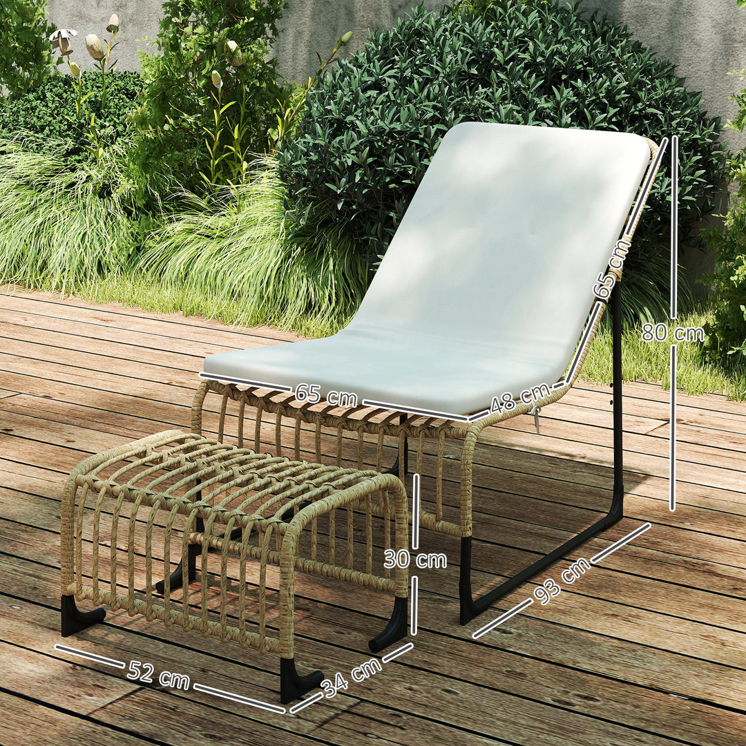 Rattan-afslapningsstol med fodskammel uv-bestandig havestol med hynderemme 65 x 93 x 80 cm naturtræ