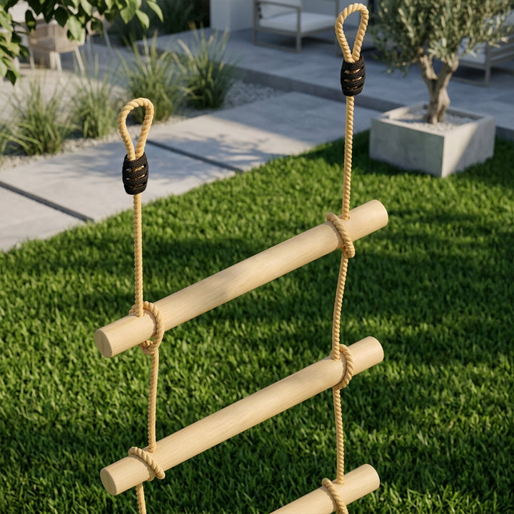 Rebstige til børn, 5-trins klatrestige med 2 karabinhager og 2 træstropper, til alderen 3-8, 40 x 3,5 x 180 cm, naturtræ