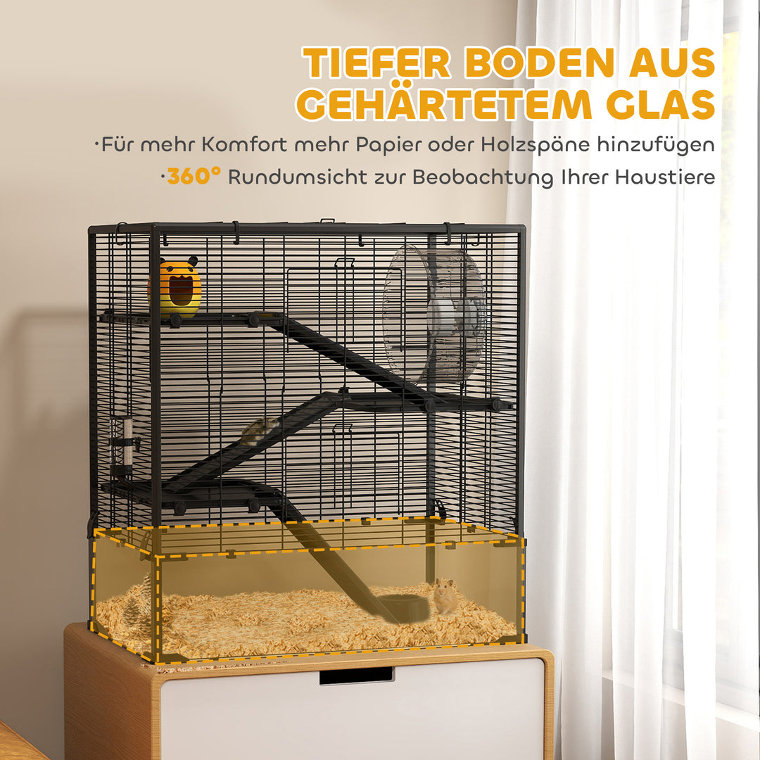 Hamsterbur med glasbund, 4-etagers hamsterbur med bur og tilbehør, 78,5l x 48,5b x 80h cm, sort