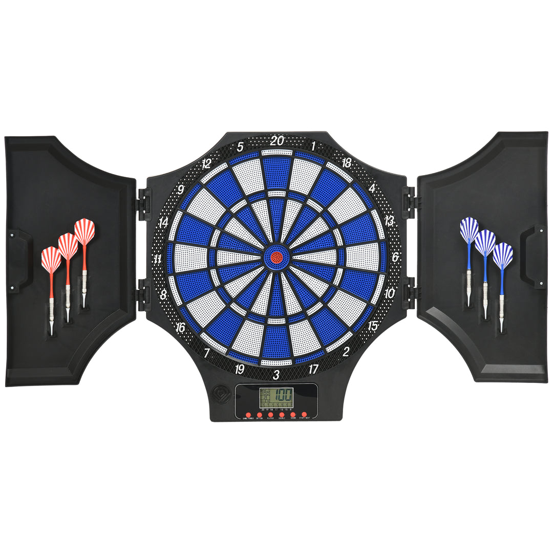 Elektronisk dartskive, 31 spil og 285 programmer, til 8 spillere, 2 døre, 6 dart, lyd, sort, 83 x 45 x 4 cm