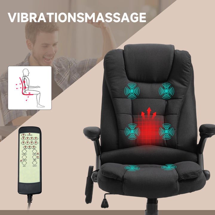 Kontorstol med vibrationsmassage, ergonomisk skrivebordsstol med varme- og lænefunktion, højdejusterbar lederstol med fjernbetjening, sidelomme, linnedlook, sort