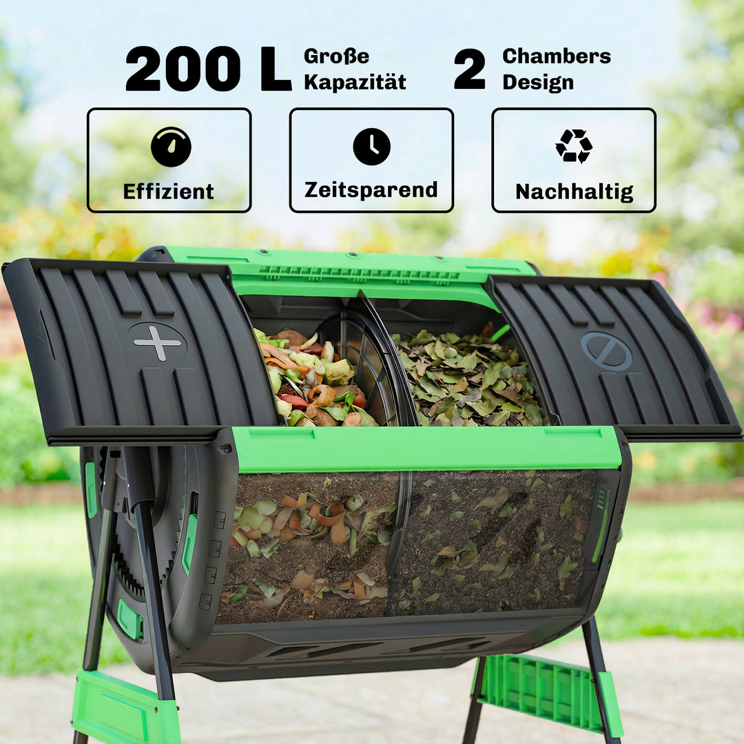 Kompostbeholder, 200L dobbeltkammerkomposter med justerbare ventilationsåbninger, BPA-fri, grøn