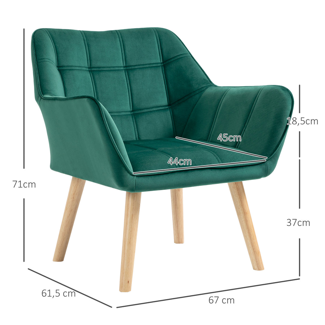 Polstret lænestol, accentstol, skandinavisk design, fløjlslook, op til 120 kg, ben af gummitræ, grøn
