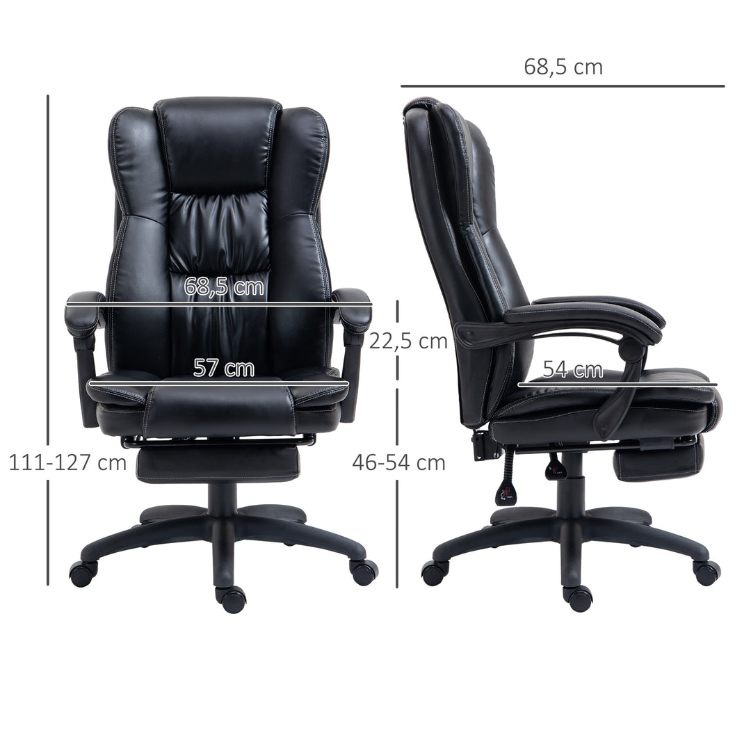 Justerbar drejestol med fodstøtte, nakkestøtte, massagefunktion, kunstlæder, 68,5 x 68,5 x 113-121 cm, sort