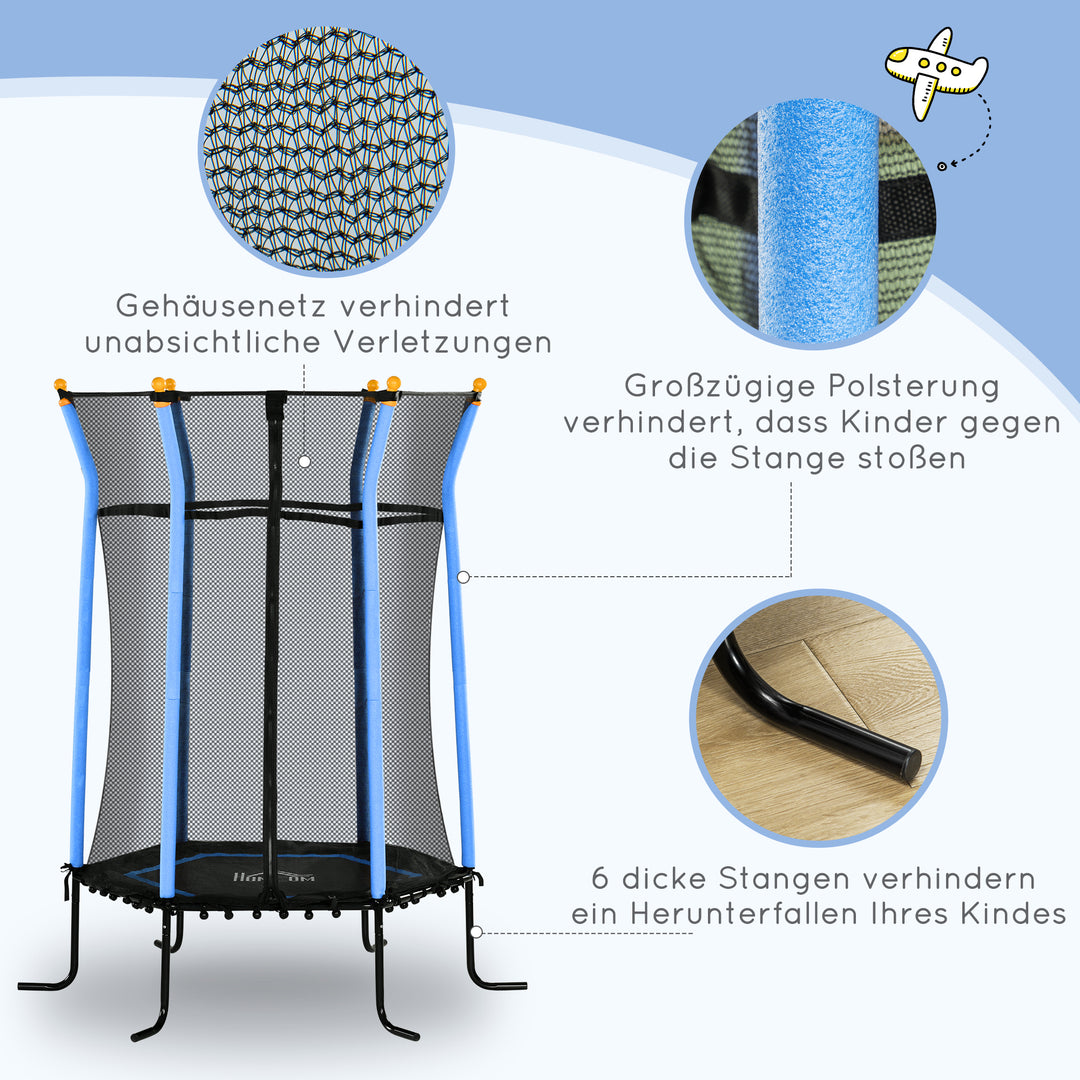 Børnetrampolin, 163,5 cm diameter, med sikkerhedsnet, polstret, stål, lasteevne op til 50 kg, sort og blå