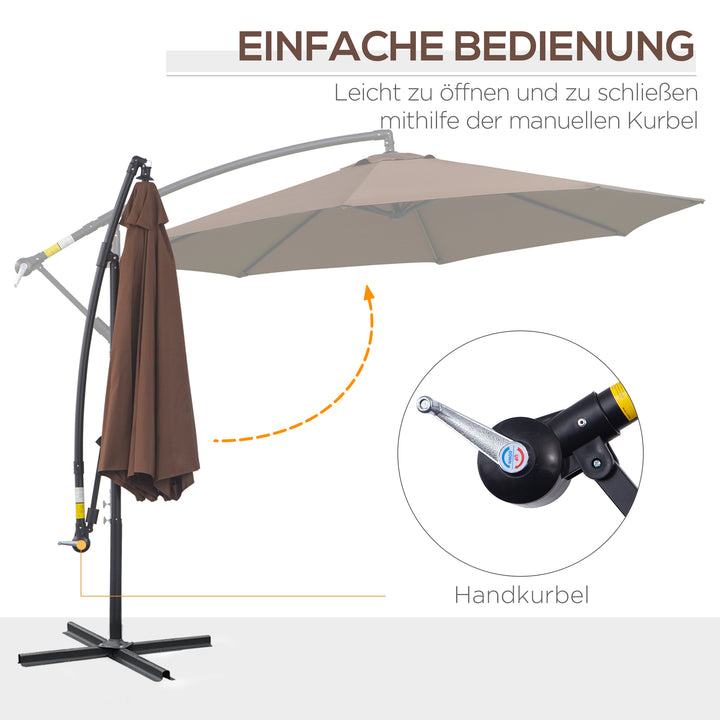 Parasol med håndsving, vejrbestandig, 3 m x 3 m x 2,5 m, stål, polyester, kaffe
