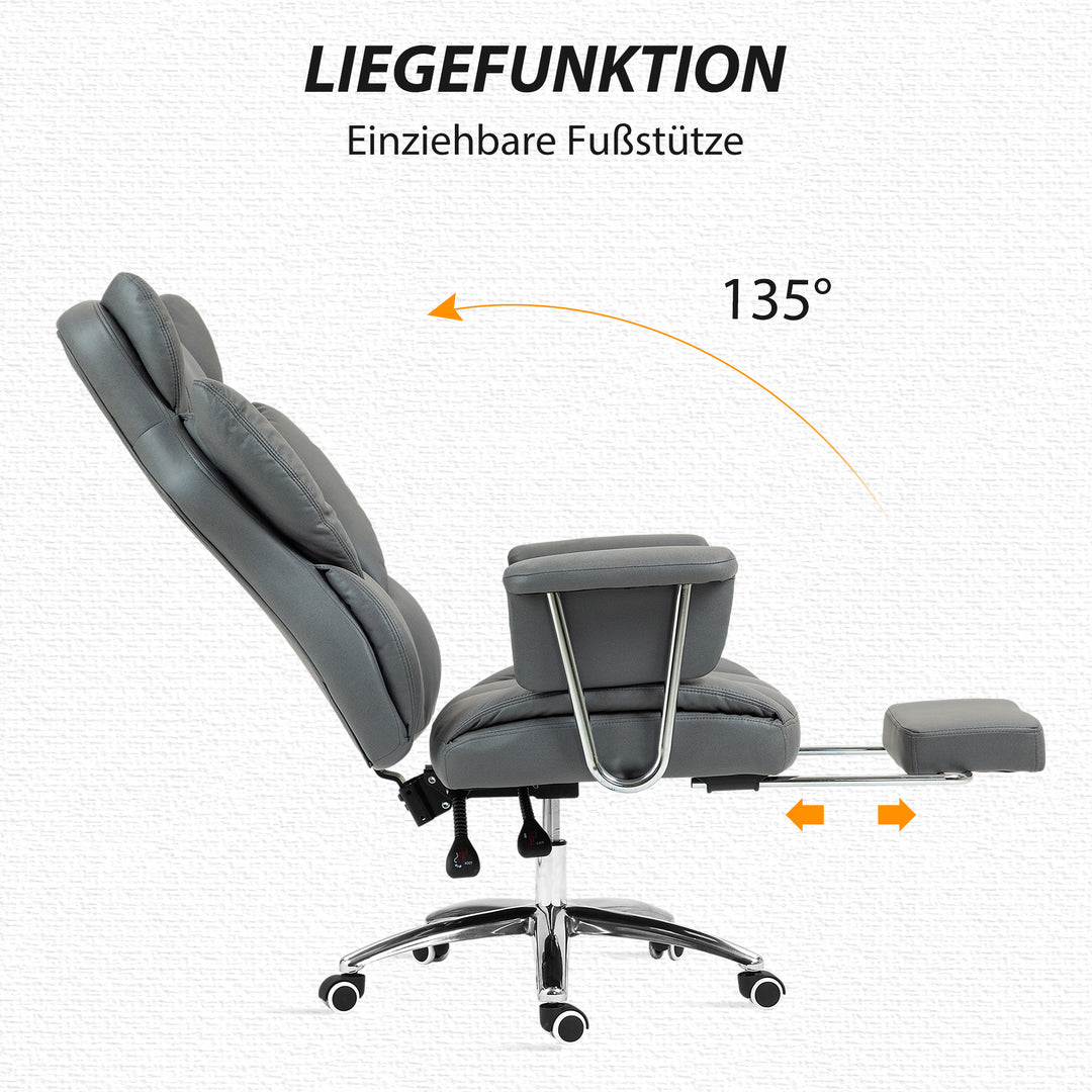 Ergonomisk kontorstol, polstret, med fodstøtte, justerbar ryglæn, 360° drejbar, mørkegrå