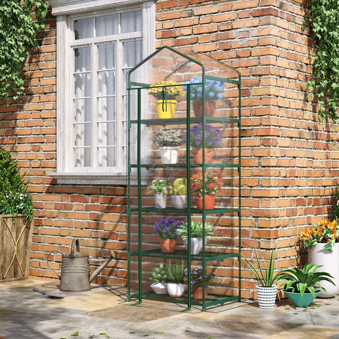 Minidrivhus med 5 hylder til blomster eller grøntsager, transparent+grønt stål, plastik, 69 x 49 x 193 cm