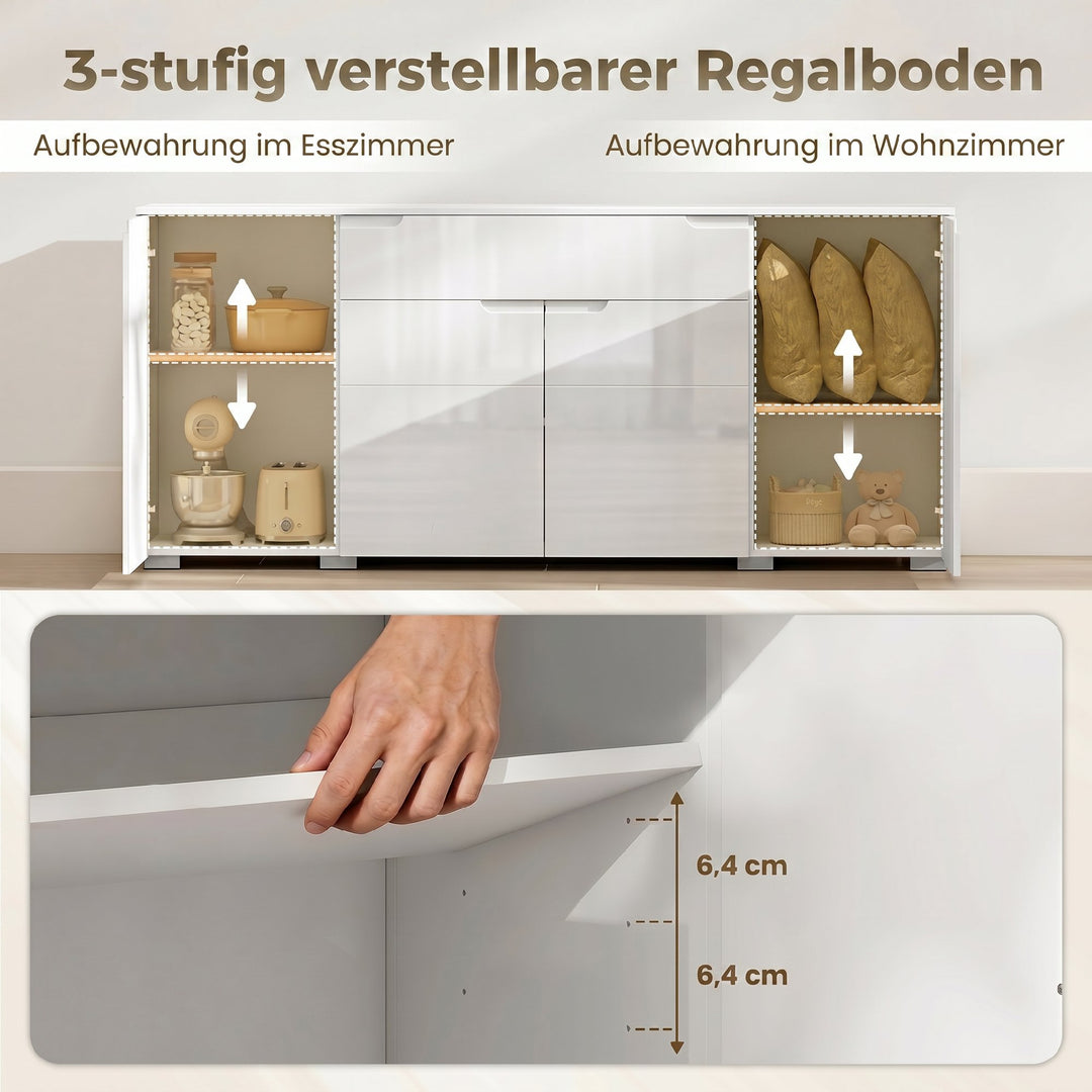 Højglans skænk, moderne kommode med 4 døre og justerbare hylder, soft-close funktion, hvid