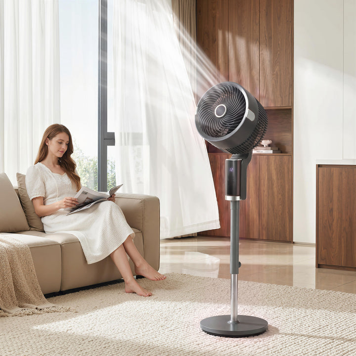 Sokkelventilator, luftcirkulator, ventilator med 8 hastighedsindstillinger, LED-display, fjernbetjening, timer, 90° oscillation, grå