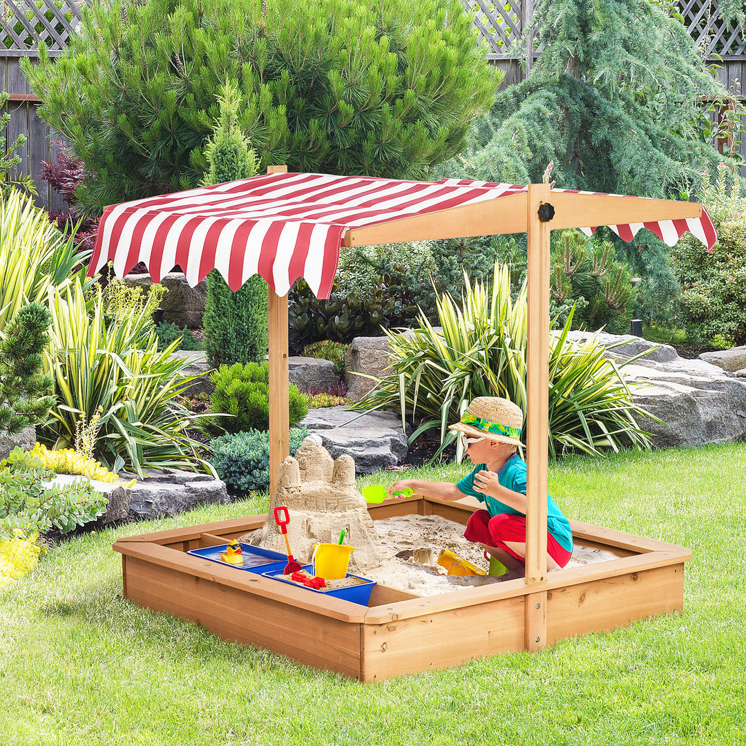 Sandkasse 107,5 x 107,5 cm, børnesandkasse med højdejusterbart låg, træsandkasse til børn 3-7 år til udendørs have, terrasse, balkon