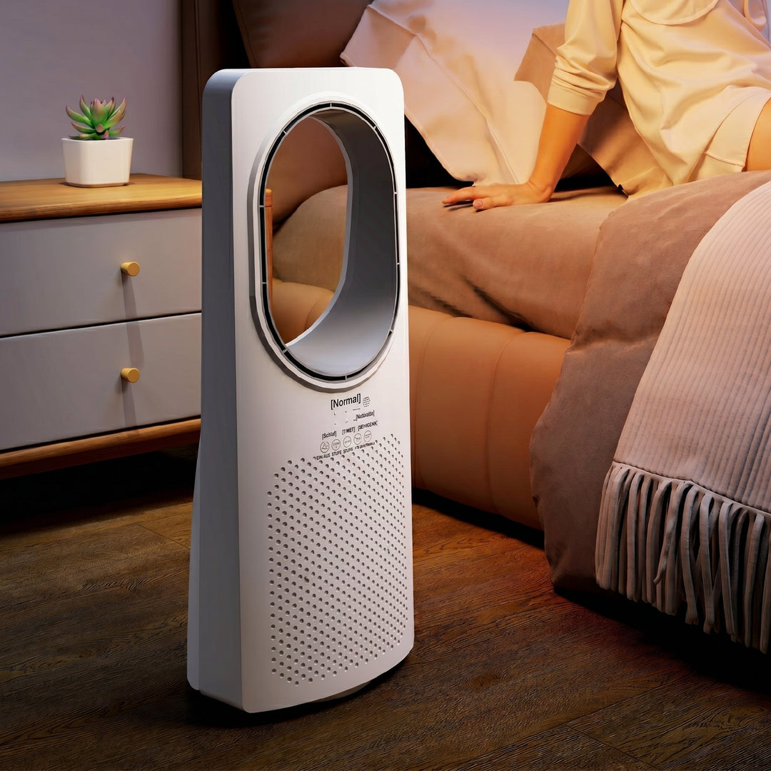 Bladløs tårnventilator til soveværelser, 36 dB standerventilator med 45° oscillation, 3 hastigheder, 3 tilstande, 15-timers timer, hvid