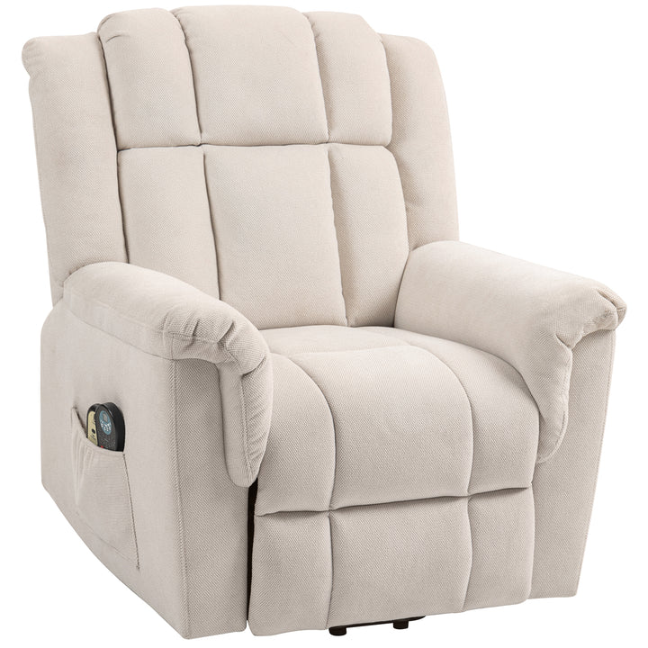 Powerlift-stol, massagestol med varmefunktion, polstret stol med fodstøtte, sidelomme, stofbetræk, beige