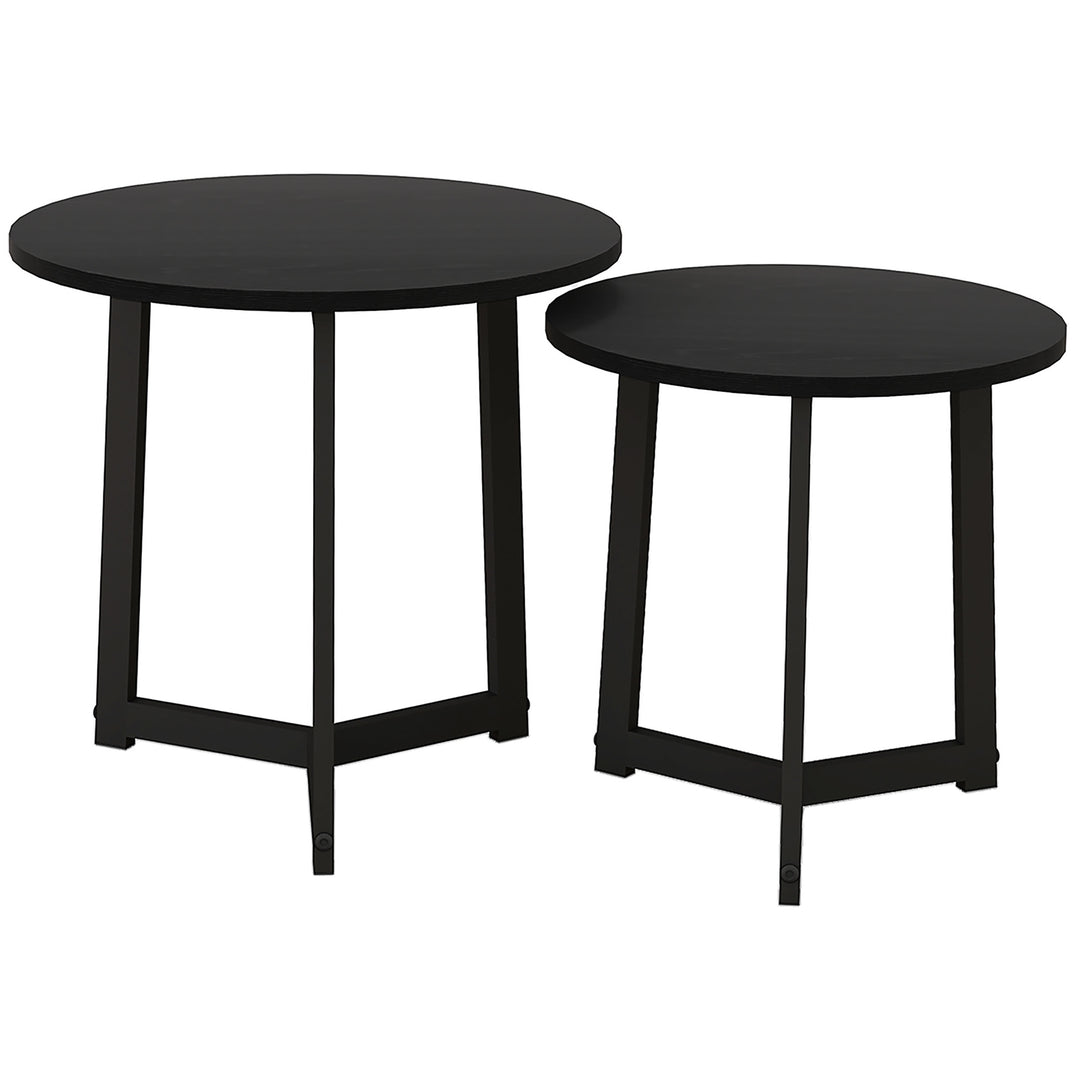 Moderne sofabordsæt med 2, metalstel, MDF, rundt design, stabelbart, sort