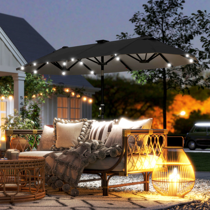 Dobbelt parasol, terrasseparasol, vipbar, med solpanel, 35 LED'er, stålramme, grå, 2,92 x 1,50 x 2,18 m