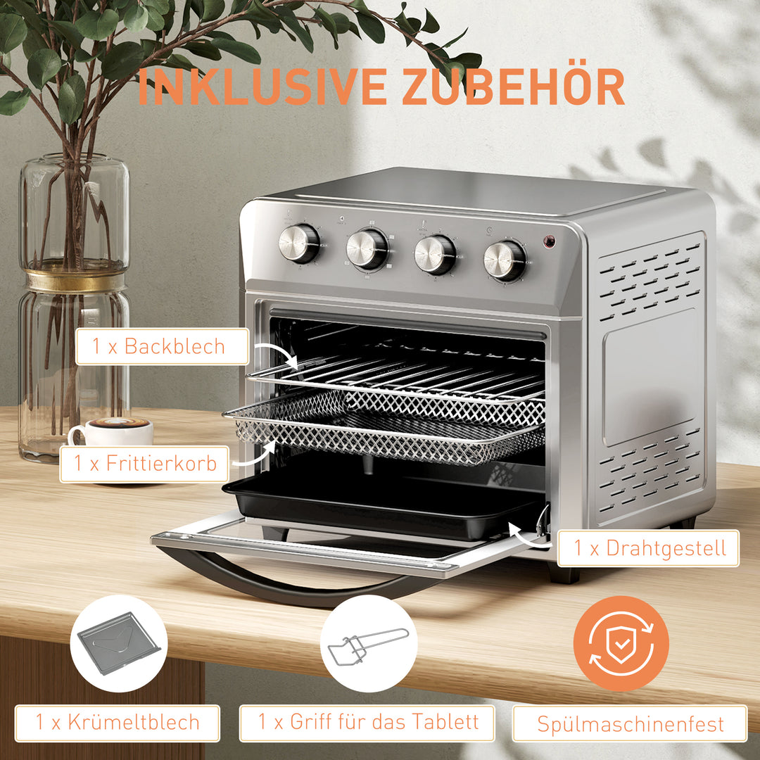Miniovn med varmluft, airfryer, 6 varmefunktioner, timer, tilbehør, 24L, sølv