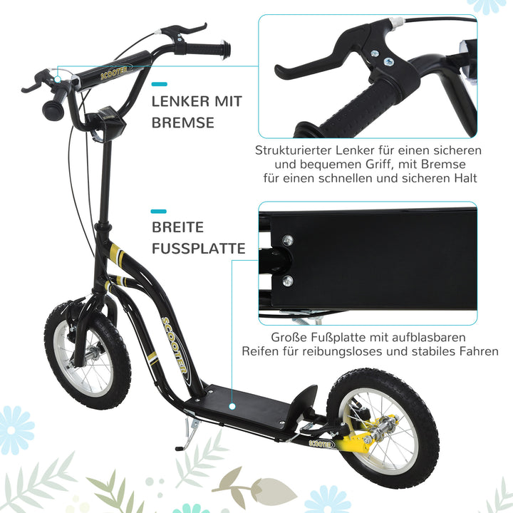 Børneløbehjul fra 5 år løbehjul børneløbehjul sparkløbehjul city scooter børneløbehjul kickboard med luftgummidæk 12 tommer gummi aluminium sort 120 x 58 x 85-95 cm