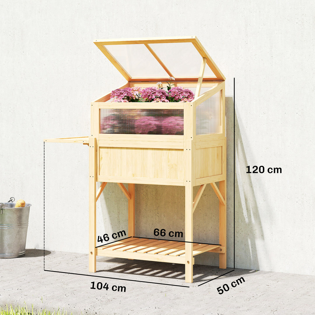 Højbed med kold ramme af træ, plantekasse med drivhus, foldbar, sidebord, opbevaringsrum, naturtræ