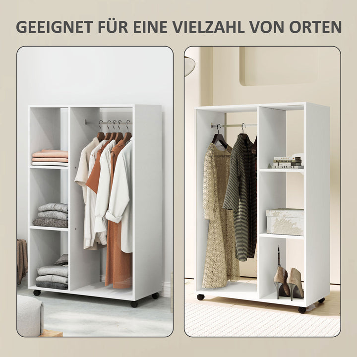 Garderobe på hjul, mobil garderobe, garderobeskab, rullende tøjstativ, 80 x 40 x 128 cm, hvid