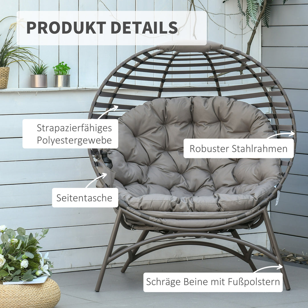 Papasan stol, havestol, 2-delt kurvestol med hynde, oval loungestol, foldbar, til altan, terrasse, udendørs/indendørs brug, sandbrun, stål, 118 x 75 x 139 cm