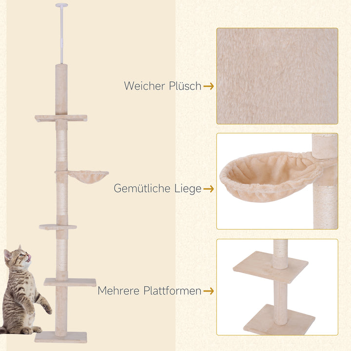 Kradsetræ med loftshøjde, robust kradsetræ med sisalstolper, klatretræ til katte, beige, 40 x 34 x 230-260 cm