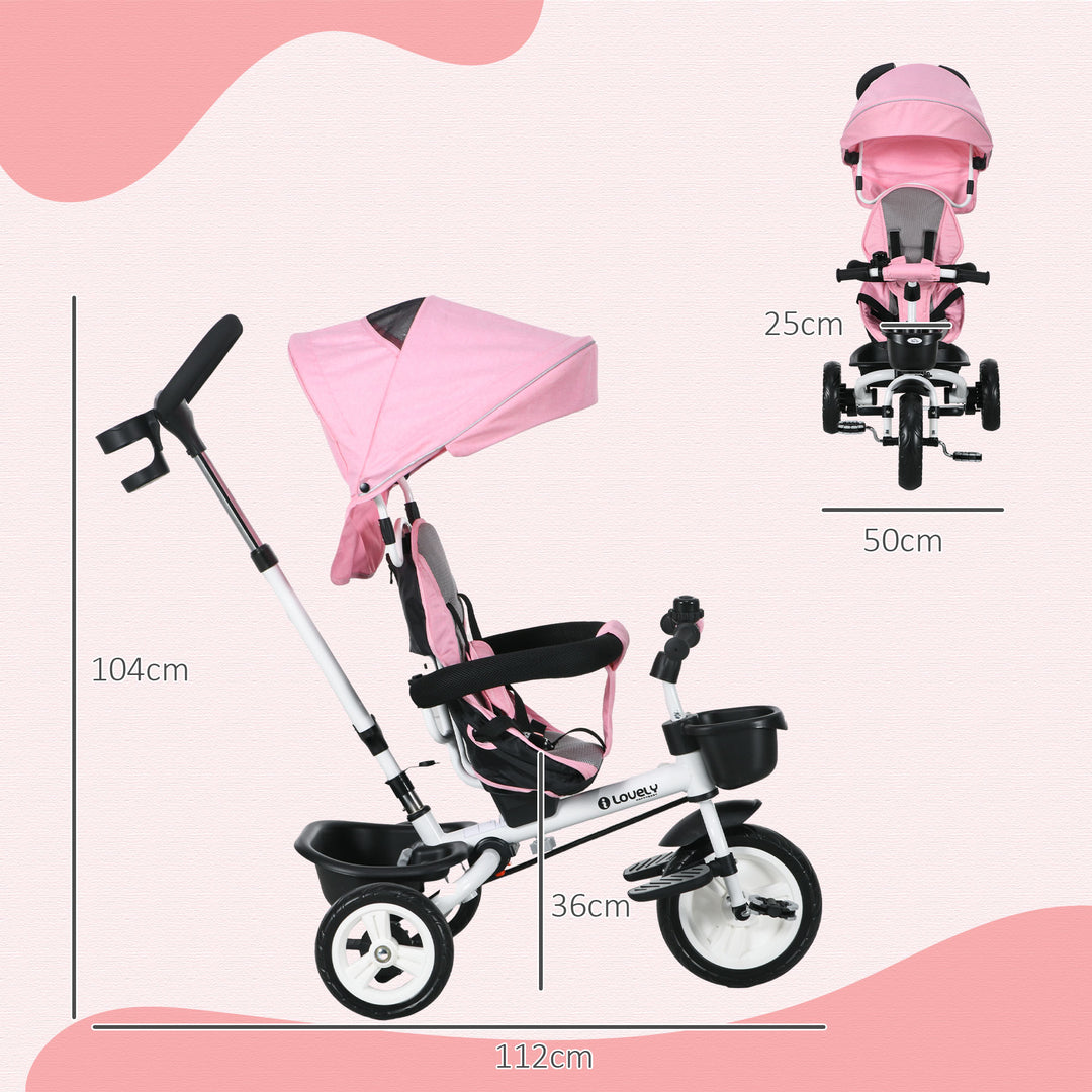 6-I-1 børnetrecykel med skubbehåndtag, kaleche, sele, opbevaringskurv, 18+ måneder, lyserød